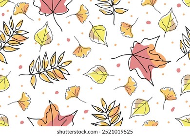 Seamless pattern with autumn leaves. Colorful leaves of ash, poplar, ginkgo, maple on a white background. Falling autumn leaves. Vector illustration.