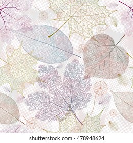 Seamless pattern with autumn leaves, colorful leaf background texture. Vector illustration.