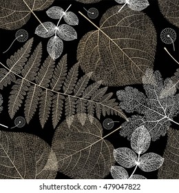 Seamless pattern with autumn leaves, colorful leaf on dark background texture. Vector illustration.