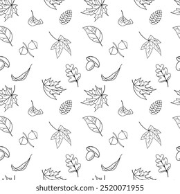 Seamless pattern of autumn leaves, cones, mushrooms, hazelnuts. Black outlines of autumn symbols, hand drawn on white background. Vector illustration for textile print, wrapping paper, wallpaper