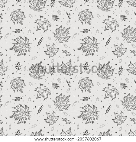 Seamless pattern with autumn leaves and crystals. Contemporary composition. Design for paper, cover, fabric, interior decor and other users.