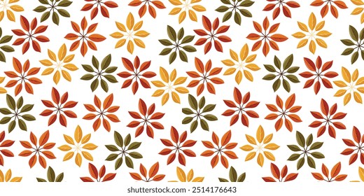 Seamless pattern of autumn leaves of different colors including orange, yellow and green. The pattern is repeated throughout the image, creating a feeling of unity and harmony.