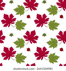Seamless pattern of autumn leaves from different trees, ash, birch, oak, maple, chestnut. Flat vector style