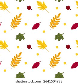 Seamless pattern of autumn leaves from different trees, ash, birch, oak, maple, chestnut. Flat vector style