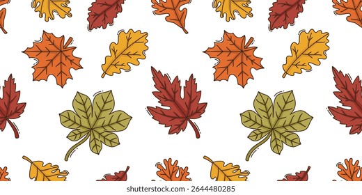 Seamless pattern with autumn leaves of different colors. Maple, oak, birch leaves. Flat vector illustration.
