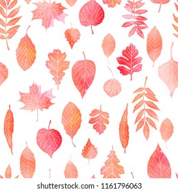 Seamless pattern with autumn leaves drawing by watercolor, hand drawn elements. Vector illustration