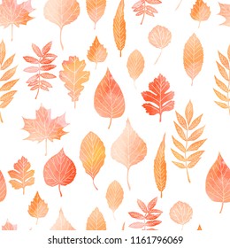 Seamless pattern with autumn leaves drawing by watercolor, hand drawn elements. Vector illustration