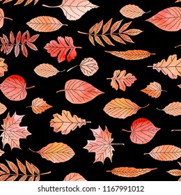 Seamless pattern with autumn leaves drawing by watercolor, hand drawn elements. Vector illustration