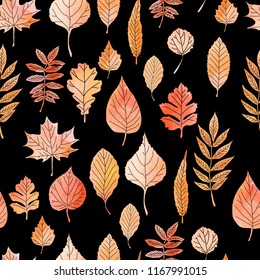 Seamless pattern with autumn leaves drawing by watercolor, hand drawn elements. Vector illustration