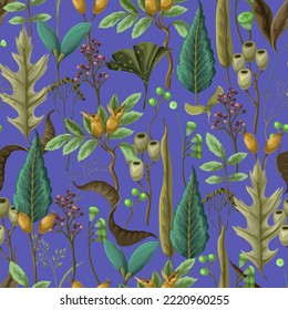 Seamless pattern with autumn leaves and dried plants. Vector