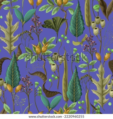 Seamless pattern with autumn leaves and dried plants. Vector