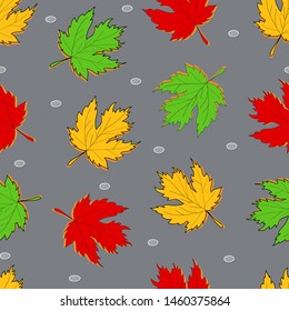 Seamless pattern of autumn leaves and drops on a gray background.