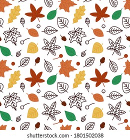 Seamless pattern with autumn leaves. Endless print. Vector illustration. Simple hand drawn elements.