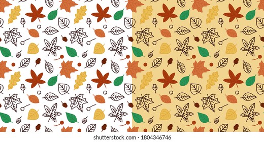 Patrón sin foco con hojas de otoño. Impresión sin fin. Ilustración vectorial. Elementos simples dibujados a mano. Pasos 10