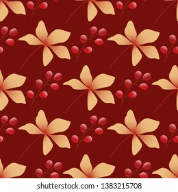Seamless pattern with autumn leaves fall and berries, vector floral repeating background with falling leaf. Perfectly for fabric, texture, backdrop, card, wallpaper, web design. 