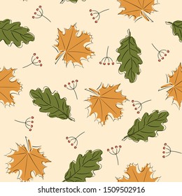 Seamless pattern with autumn, leaves fall, foliage. Perfect for wallpapers, wrapping papers, pattern fills, textile, greeting cards, Thanksgiving Day cards. Hand drawn leaf, background for print.