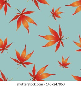 Seamless pattern Autumn leaves falling on blue pastel background, Vector seamless fall season background for wall paper or fabric in orange and yellow foliage