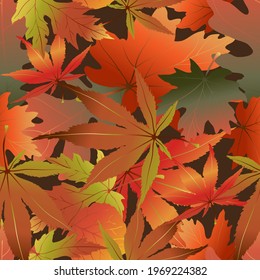 Seamless pattern Autumn leaves falling on brown background, Vector seamless fall season background for wall paper or fabric in orange, red and yellow foliage