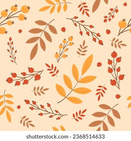 Seamless pattern with autumn leaves. Falling leaves. Autumn botanical background. Leaves and berries of mountain ash, oak. For design of banners, fabrics, textiles, wallpaper. Vector illustration