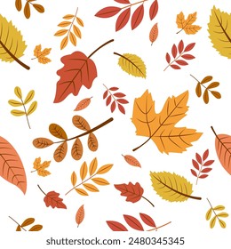 Seamless pattern with autumn leaves. Falling leaves. Autumn botanical background. For design of banners, fabrics, textiles, wallpaper. Vector illustration