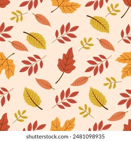 Seamless pattern with autumn leaves. Falling leaves. Autumn botanical background. For design of banners, fabrics, textiles, wallpaper. Vector illustration