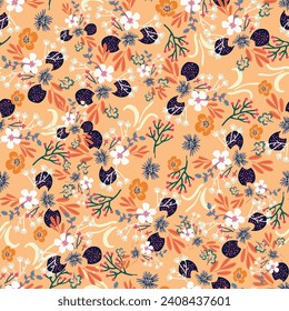 Nahtloses Muster mit Herbstblättern, Blumen, Pflanzen, botanischem, Vektordesign für Mode, Stoff, Tapete und allen Drucken auf Hintergrundfarbe.