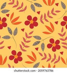 Patrón sin foco con hojas y flores de otoño. Elementos vectoriales dibujados a mano. Colores cálidos, rojo, amarillo, naranja, marrón claro. 
