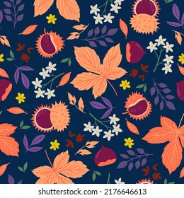 Patrón sin foco con hojas de otoño, flores y castañas. Gráficos vectoriales.