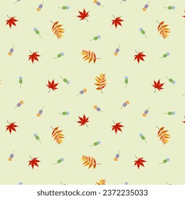 Seamless pattern with autumn leaves and flowers. Vector illustration, backgrounds for textiles, wrapping paper, wallpaper, cover design, postcards. Autumn background