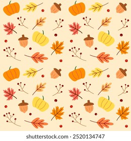 Patrón sin fisuras con hojas de otoño, follaje, calabaza y elemento de otoño para imprimir, Fondo de pantalla, fondo usando