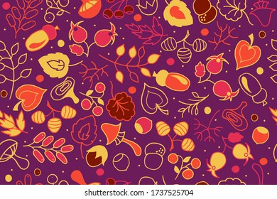 seamless pattern of autumn leaves and fruits on a purple background, hand-drawn design