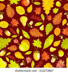 Seamless pattern of autumn leaves and fruits on a dark burgundy background in the style of hand-drawing. 