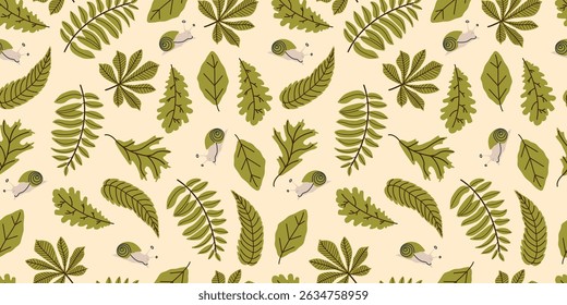 Seamless pattern of autumn leaves in green colors. Vector monochrome illustration. Maple, oak and rowan leaf, snail, background for fabric, wallpaper or gift wrapping print.