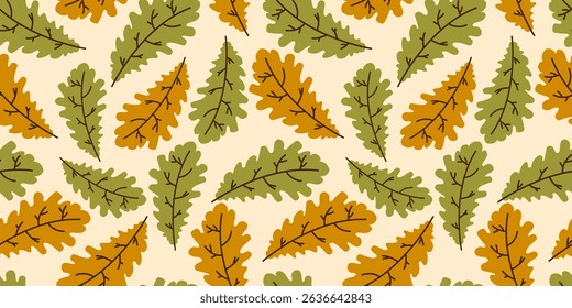 Seamless pattern of autumn leaves in green colors. Vector monochrome illustration. Oak leaf, background for fabric, wallpaper or gift wrapping print. Happy Thanksgiving Day or Hello autumn concept