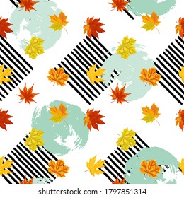 Seamless pattern with autumn leaves, hand drawn rounds and stripes. Vector illustration.