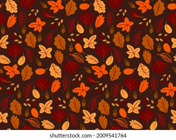 Seamless pattern with autumn leaves hand drawn in simple flat style on black background. Cute foliage vector illustration. Fall sesonal dark backdrop design, Thanksgiving, autumn sale