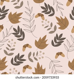 Patrón sin foco con hojas de otoño. Ilustración vectorial dibujada a mano. Elementos de color neutro. Perfecto para imprimir en todo tipo de superficies.