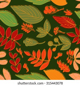 Seamless pattern of autumn leaves. Hand drawn in pen and ink. Leaves of branches and fruits of autumn trees.Design for fabric, wrapping paper, textiles and paper. Vector .Textile ornament 8 color