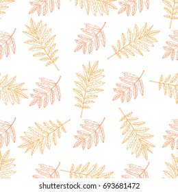 Seamless pattern with autumn leaves. Hand drawn vector fall of the leaves illustration. Autumn leaves draw the outline. Sketch, design elements. Doodles.