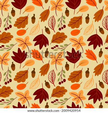 Seamless pattern with autumn leaves hand drawn in simple childish scandinavian style. Cute foliage vector illustration background. Fall sesonal backdrop design, Thanksgiving, autumn sale