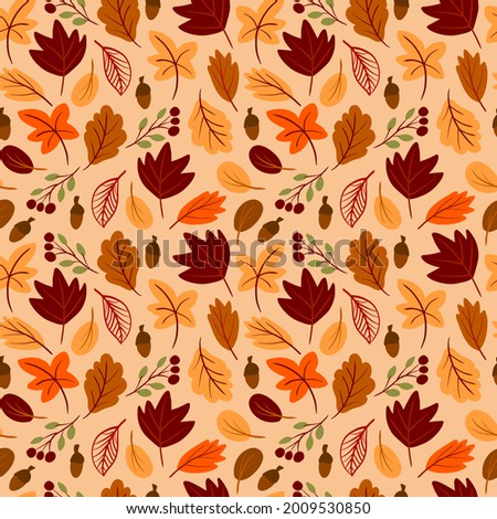 Seamless pattern with autumn leaves hand drawn in simple childish scandinavian style. Cute foliage vector illustration background. Fall sesonal backdrop design, Thanksgiving, autumn sale
