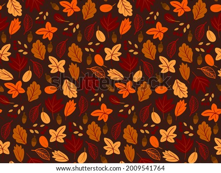 Seamless pattern with autumn leaves hand drawn in simple flat style on black background. Cute foliage vector illustration. Fall sesonal dark backdrop design, Thanksgiving, autumn sale