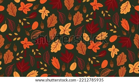 Seamless pattern with autumn leaves hand drawn in simple flat style on dark green background. Cute foliage vector illustration. Fall sesonal dark backdrop design, Thanksgiving, autumn sale.