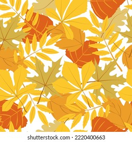 A seamless pattern of autumn leaves, hand-drawn doodle-style elements. Bright maple, oak, and aspen leaves. A carpet of autumn leaves. Thanksgiving. Back to school for the kids. Halloween. Autumn.