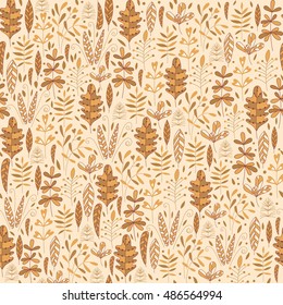 Seamless pattern with autumn leaves. Hands drawing plants, leaves, flowers.