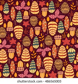 Seamless pattern with autumn leaves. Hands drawing plants, leaves, flowers.