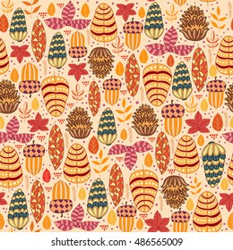 Seamless pattern with autumn leaves. Hands drawing plants, leaves, flowers.