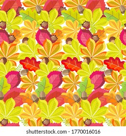 Seamless pattern  of autumn leaves of hazelnut, oak, horse chestnut with acorns and nuts. Botanical vector flat illustration.