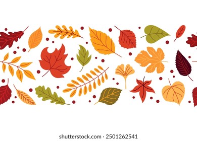 Seamless pattern with autumn leaves. Horizontal seamless background with colorful autumn leaves