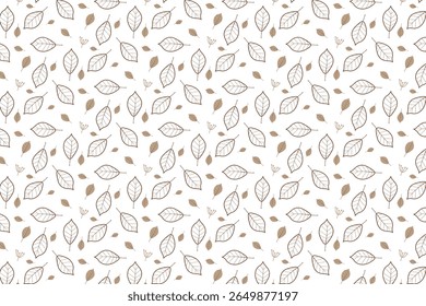 Seamless pattern of autumn leaves illustrated in a vector format. Brown and beige leaves are arranged on a white background, highlighting a simple, elegant design ideal for various applications.